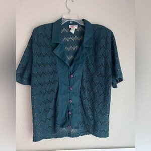 Teal Short Sleeve Button-Up Blouse